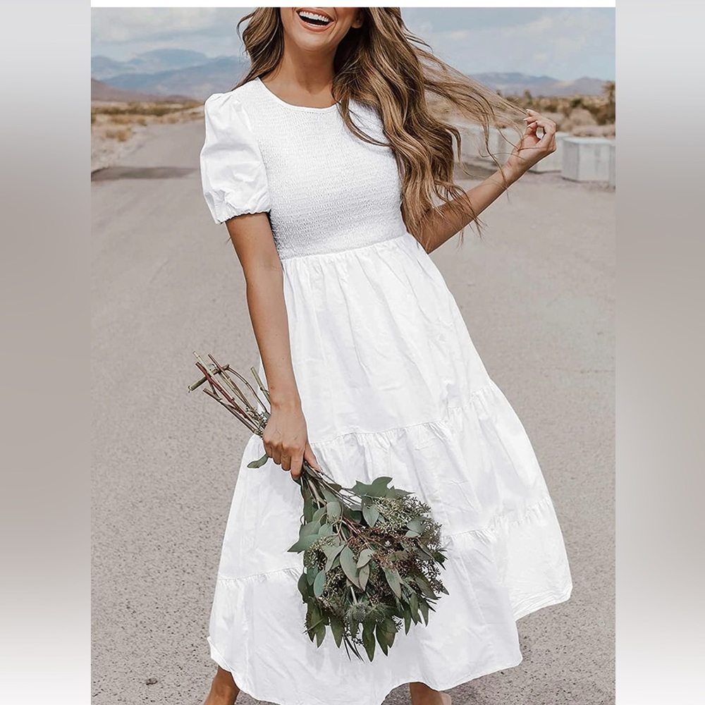 Crew Neck Short Puff Sleeve Smocked High Waist Ruffle Tiered A Line Midi Dress